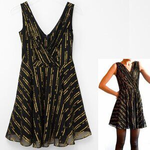 Shoshanna Noelle Dress Cocktail Mini Sleeveless Silk Black Gold Metallic Size 4